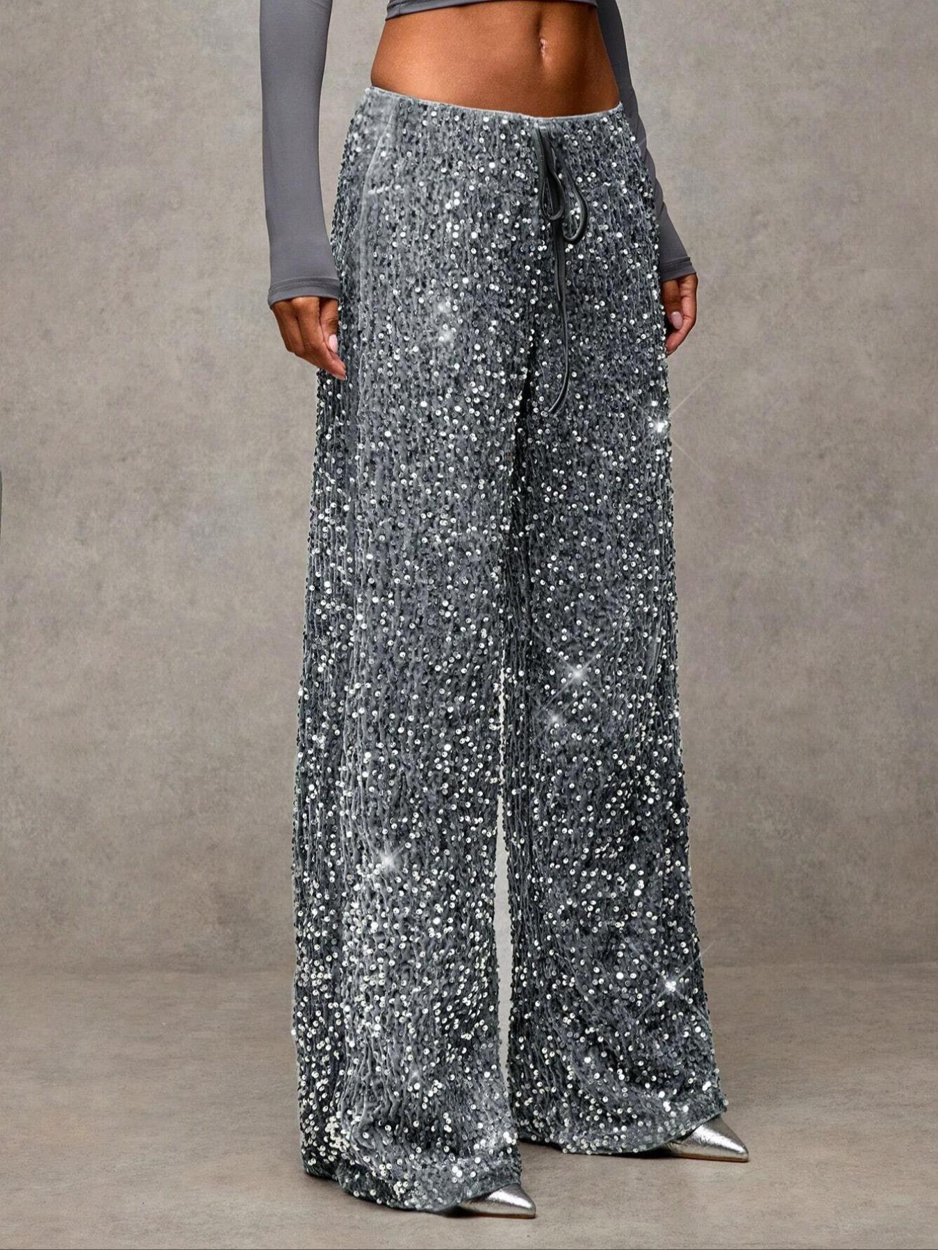 🎄🎁Christmas Sale 40% OFF🥰Women's Sequin Sparkle Wide Leg Pants with Elastic Waistband