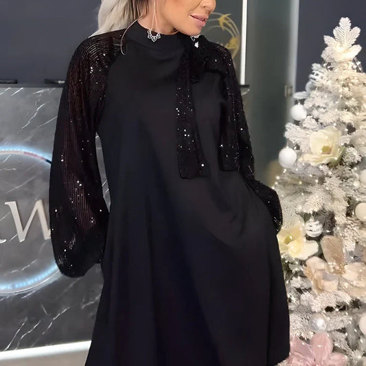 💖Limited Sale 50% OFF💖Women's Sequin Patchwork Tie Neck Dress