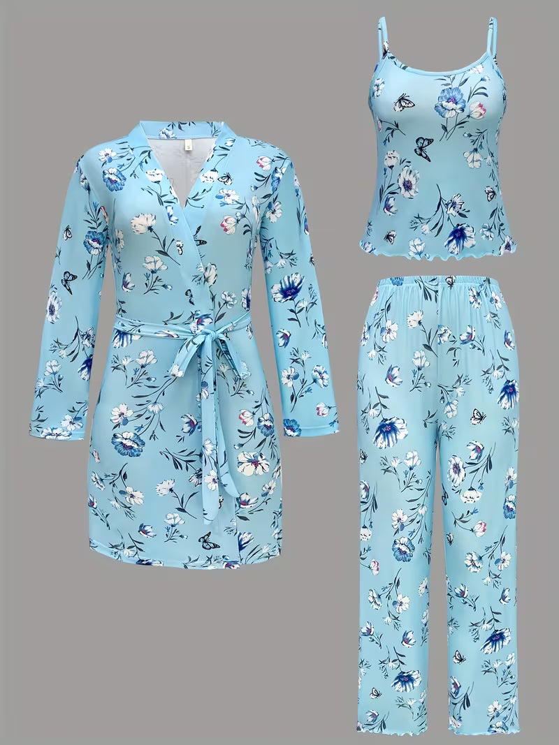 Comfy 3-Piece Pajama Set – Robe, Camisole & Long Pants