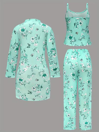 Comfy 3-Piece Pajama Set – Robe, Camisole & Long Pants