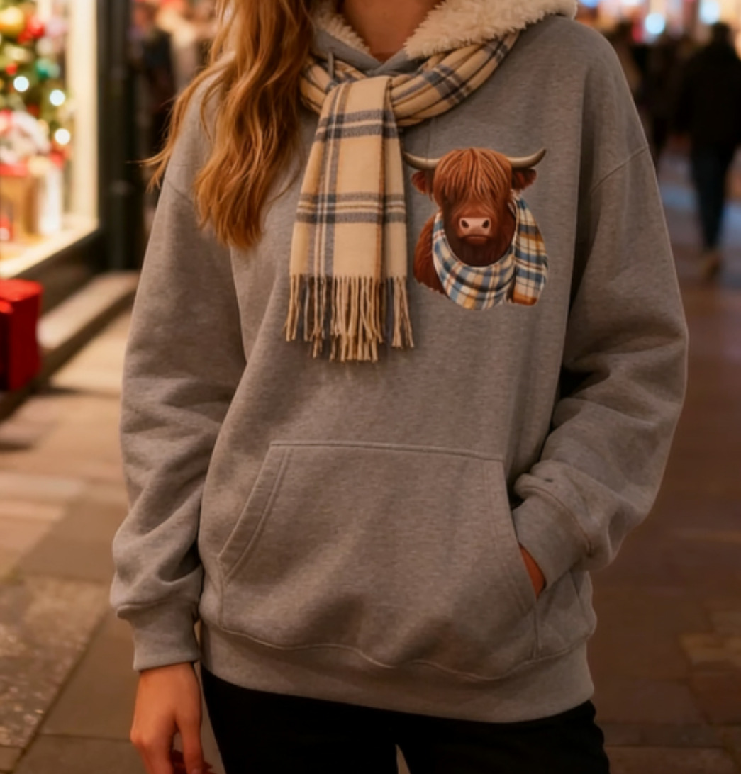 🎄🎅CHRISTMAS SALE 50% OFF!!🎁Cute Highland Cow Cozy Fleece-Lined Hooded Sweatshirt🦬