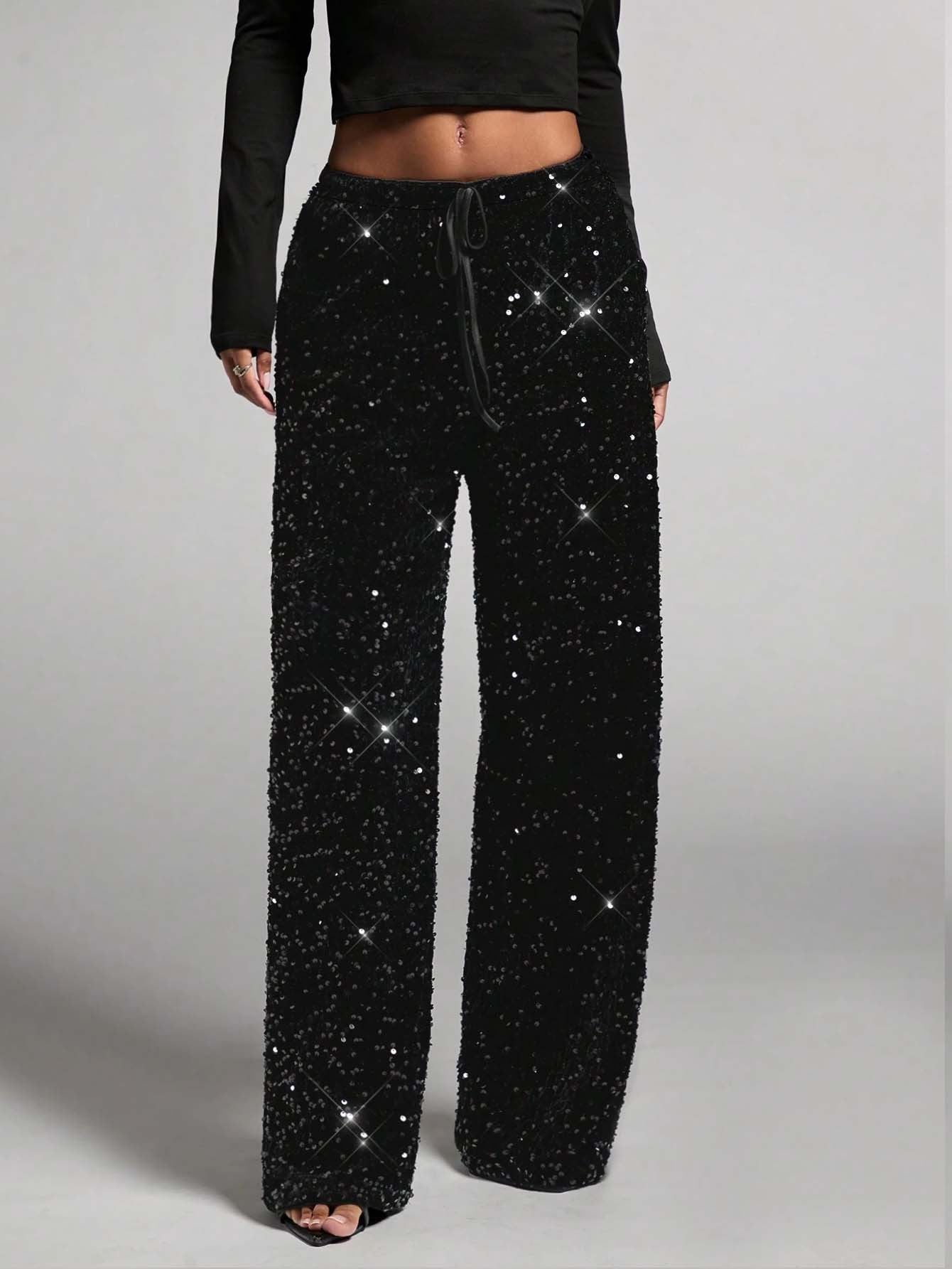 🎄🎁Christmas Sale 40% OFF🥰Women's Sequin Sparkle Wide Leg Pants with Elastic Waistband
