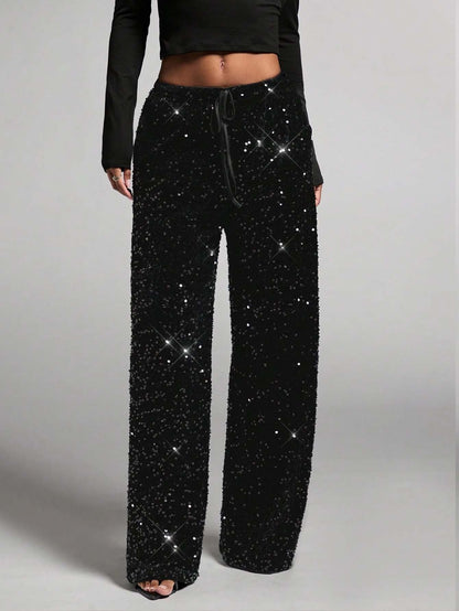 🎄🎁Christmas Sale 40% OFF🥰Women's Sequin Sparkle Wide Leg Pants with Elastic Waistband