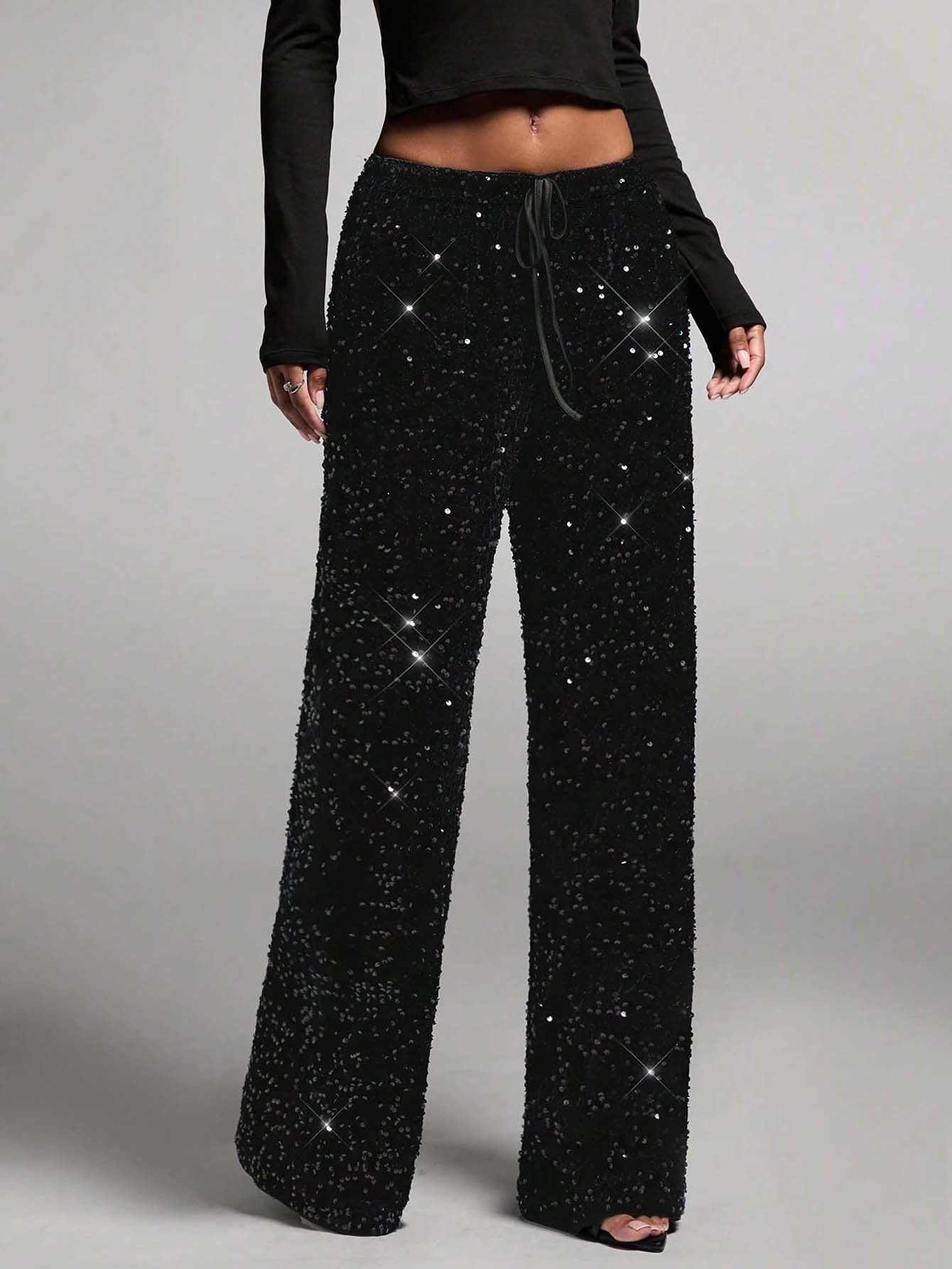 🎄🎁Christmas Sale 40% OFF🥰Women's Sequin Sparkle Wide Leg Pants with Elastic Waistband