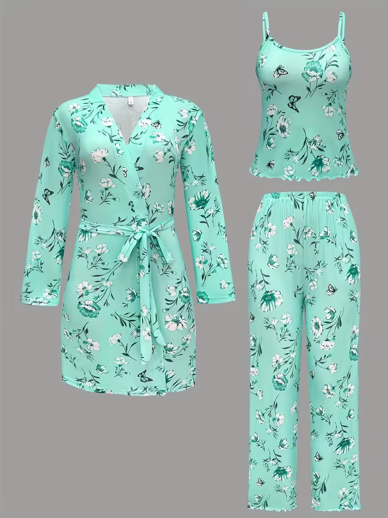 Comfy 3-Piece Pajama Set – Robe, Camisole & Long Pants