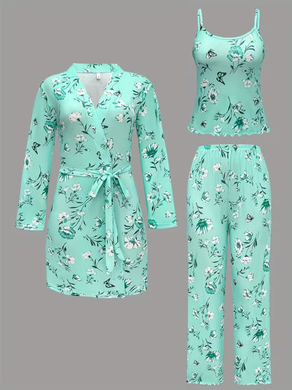Comfy 3-Piece Pajama Set – Robe, Camisole & Long Pants