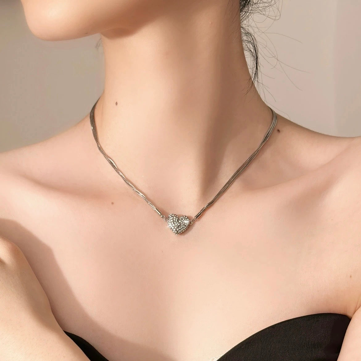 Love Heart With Diamonds Magnetic Necklace