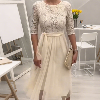 Elegant Lace-Neck Mesh Midi Dress