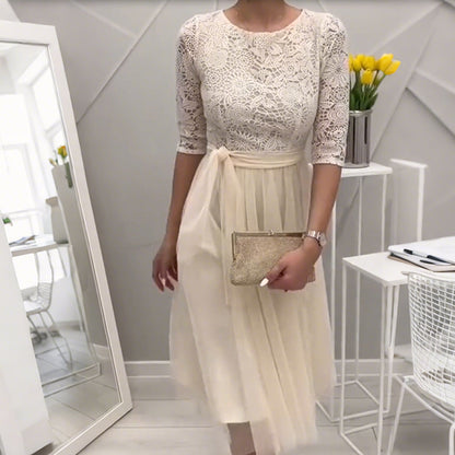 Elegant Lace-Neck Mesh Midi Dress