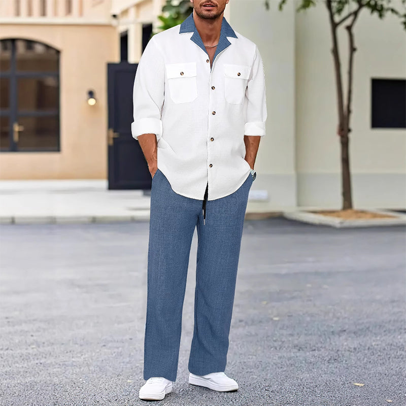 Men's Casual Lapel Long Sleeve Shirts ＆ Pants 2-Piece Set