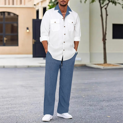 Men's Casual Lapel Long Sleeve Shirts ＆ Pants 2-Piece Set