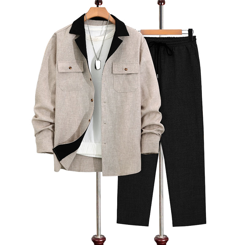 Men's Casual Lapel Long Sleeve Shirts ＆ Pants 2-Piece Set