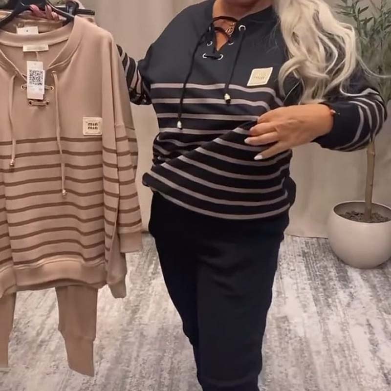 Casual Striped Top & Ankle-Length Pants Set