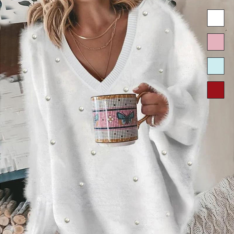 🌸V-Neck Long Sleeve Beaded Decor Oversized Sweater Fluffy Pullover Top