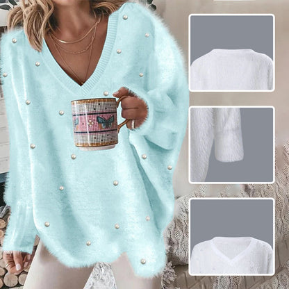 🌸V-Neck Long Sleeve Beaded Decor Oversized Sweater Fluffy Pullover Top