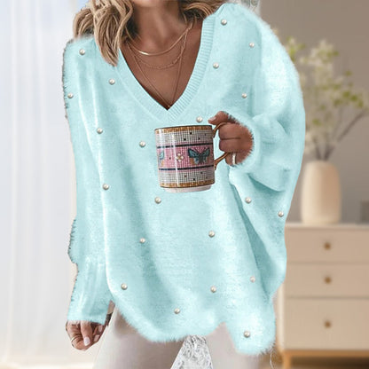 🌸V-Neck Long Sleeve Beaded Decor Oversized Sweater Fluffy Pullover Top