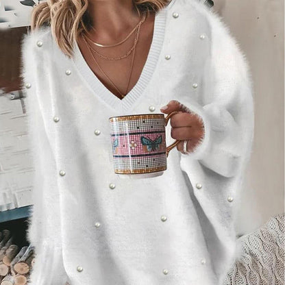 🌸V-Neck Long Sleeve Beaded Decor Oversized Sweater Fluffy Pullover Top