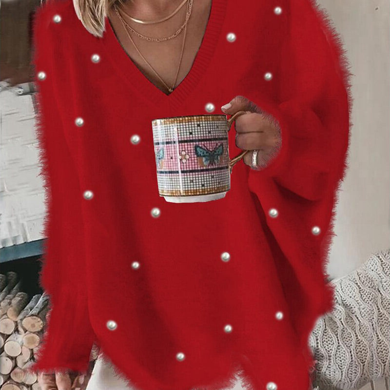 🌸V-Neck Long Sleeve Beaded Decor Oversized Sweater Fluffy Pullover Top