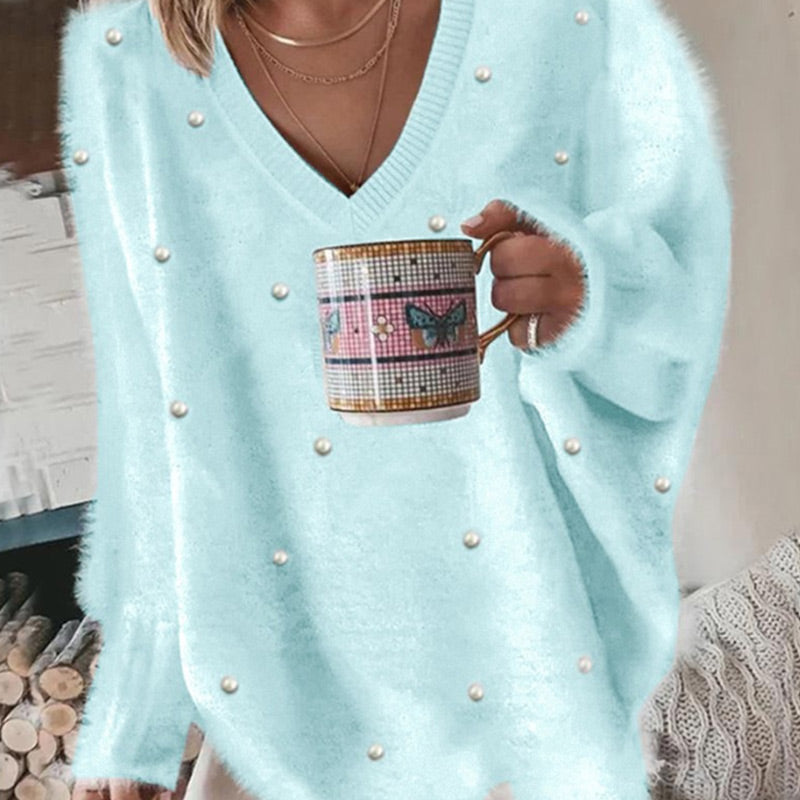 🌸V-Neck Long Sleeve Beaded Decor Oversized Sweater Fluffy Pullover Top