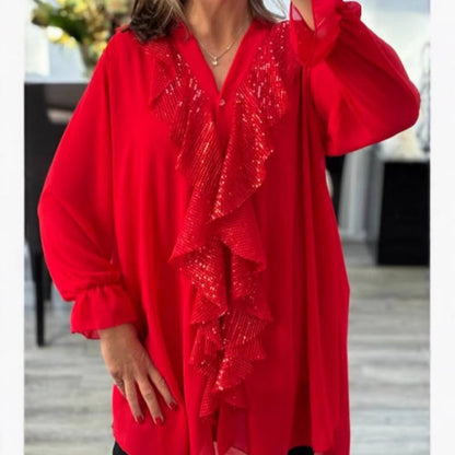 📢📢60 % OFF !!✨Women's V-Neck Chiffon Sequin Long Sleeve Shirt