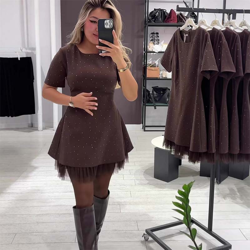 🔥Hot Sale Offers-Women’s Sparkling Lace Trim Short-Sleeve Mini Dress | Elegant & Shimmering