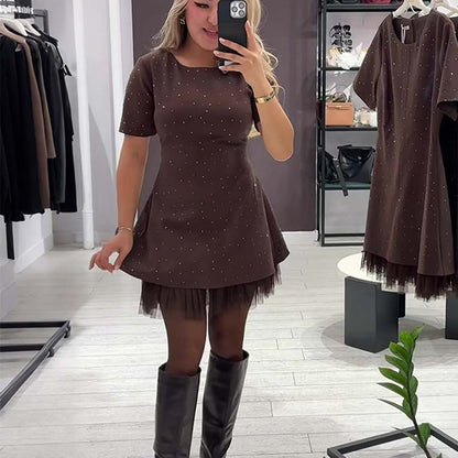 🔥Hot Sale Offers-Women’s Sparkling Lace Trim Short-Sleeve Mini Dress | Elegant & Shimmering