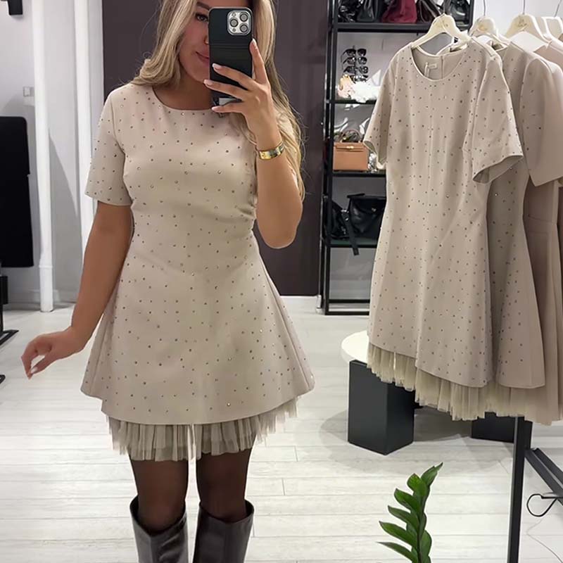 🔥Hot Sale Offers-Women’s Sparkling Lace Trim Short-Sleeve Mini Dress | Elegant & Shimmering