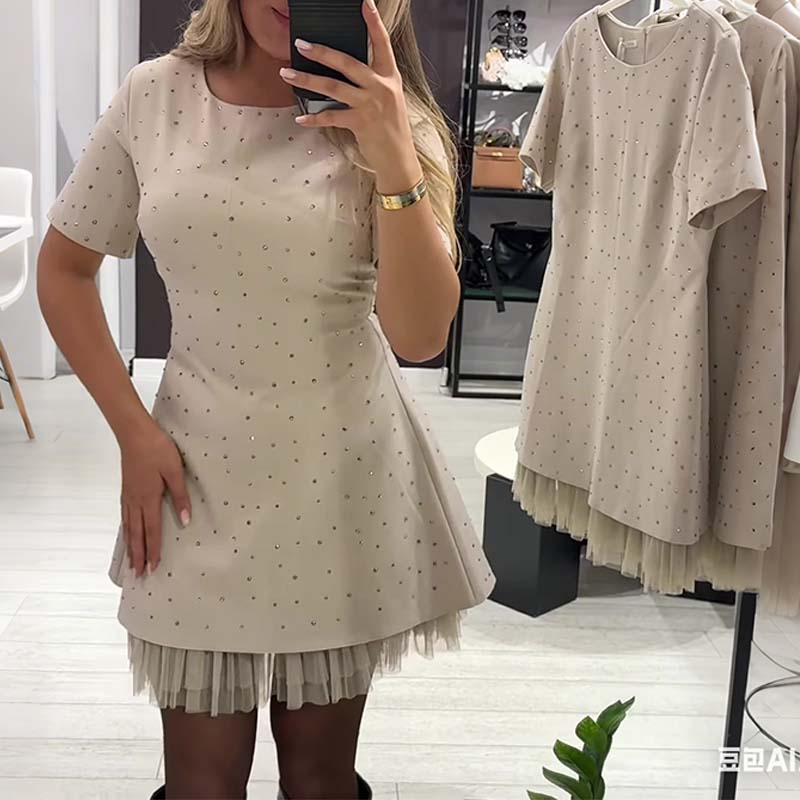 🔥Hot Sale Offers-Women’s Sparkling Lace Trim Short-Sleeve Mini Dress | Elegant & Shimmering