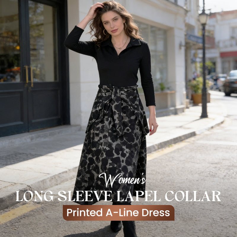 Long Sleeve Lapel Collar Printed A-Line Dress