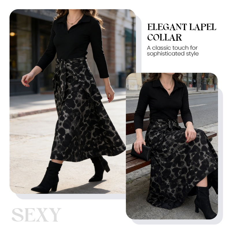 Long Sleeve Lapel Collar Printed A-Line Dress