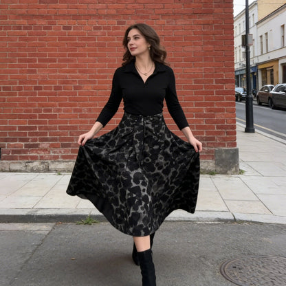 Long Sleeve Lapel Collar Printed A-Line Dress