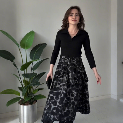 Long Sleeve Lapel Collar Printed A-Line Dress