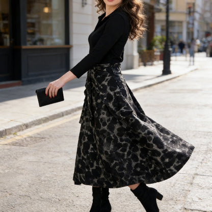 Long Sleeve Lapel Collar Printed A-Line Dress